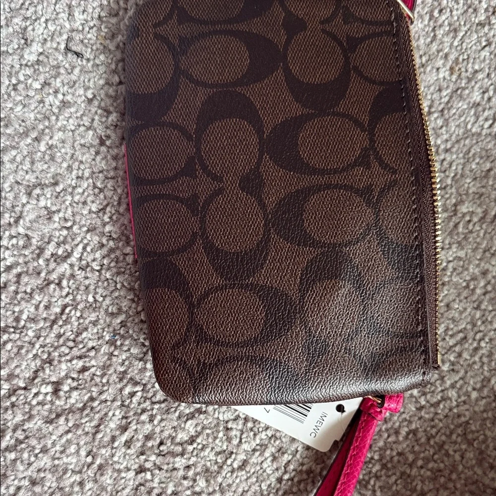 Coach Brown Signature Canvas Wristlet with Hot Pink Center Stripe